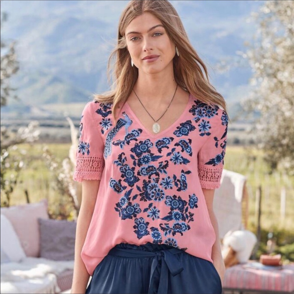 SUNDANCE top pink blue floral embroidered top